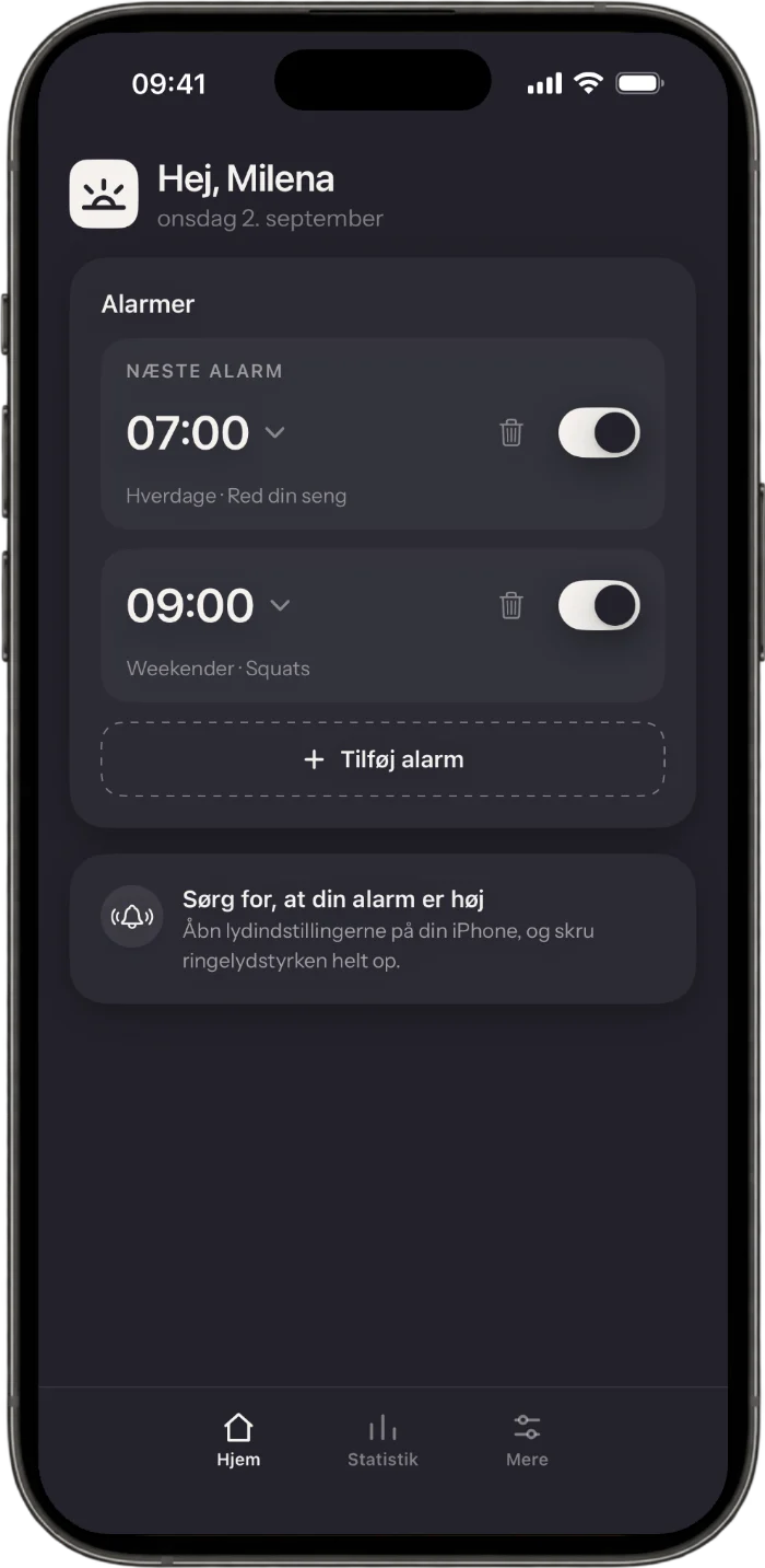 Startskærmen i Wakea-appen med alarmer og deres missioner