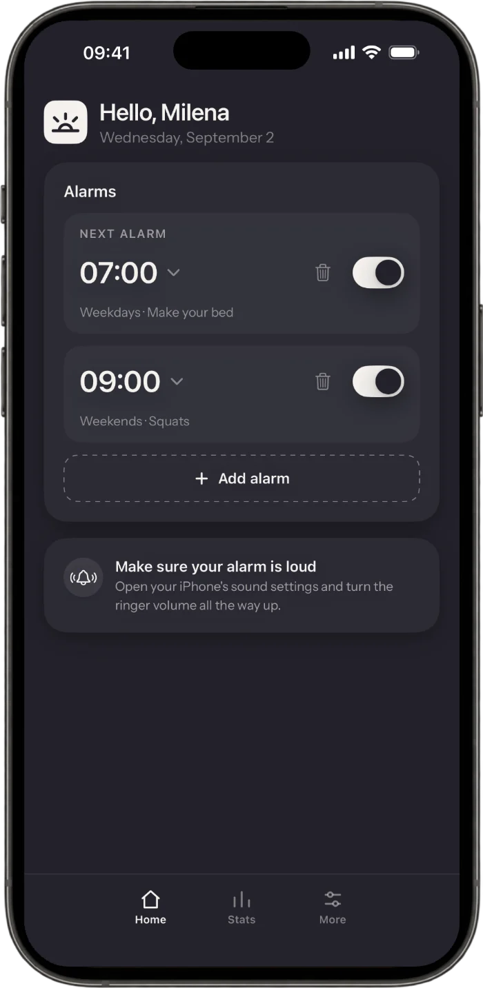 Wakea app home screen with alarms and their wake-up missions