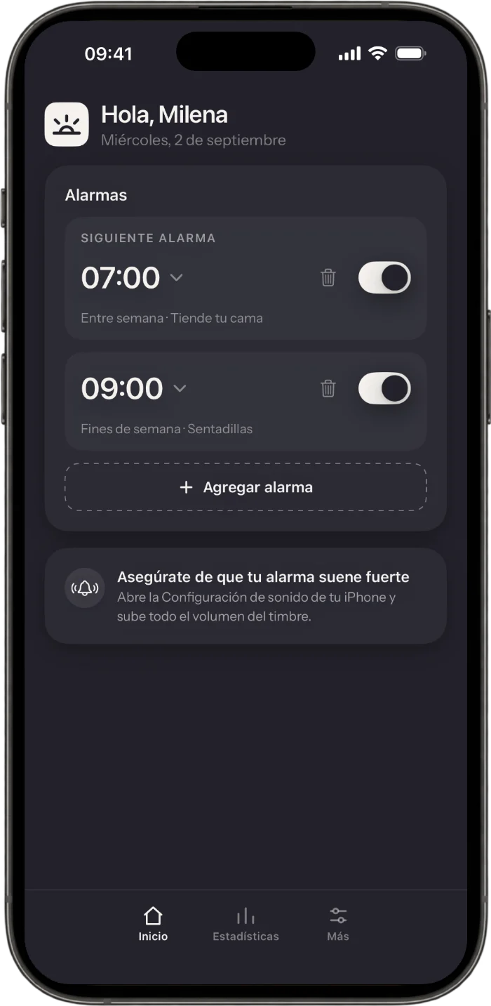 Pantalla principal de la app Wakea con alarmas y sus misiones