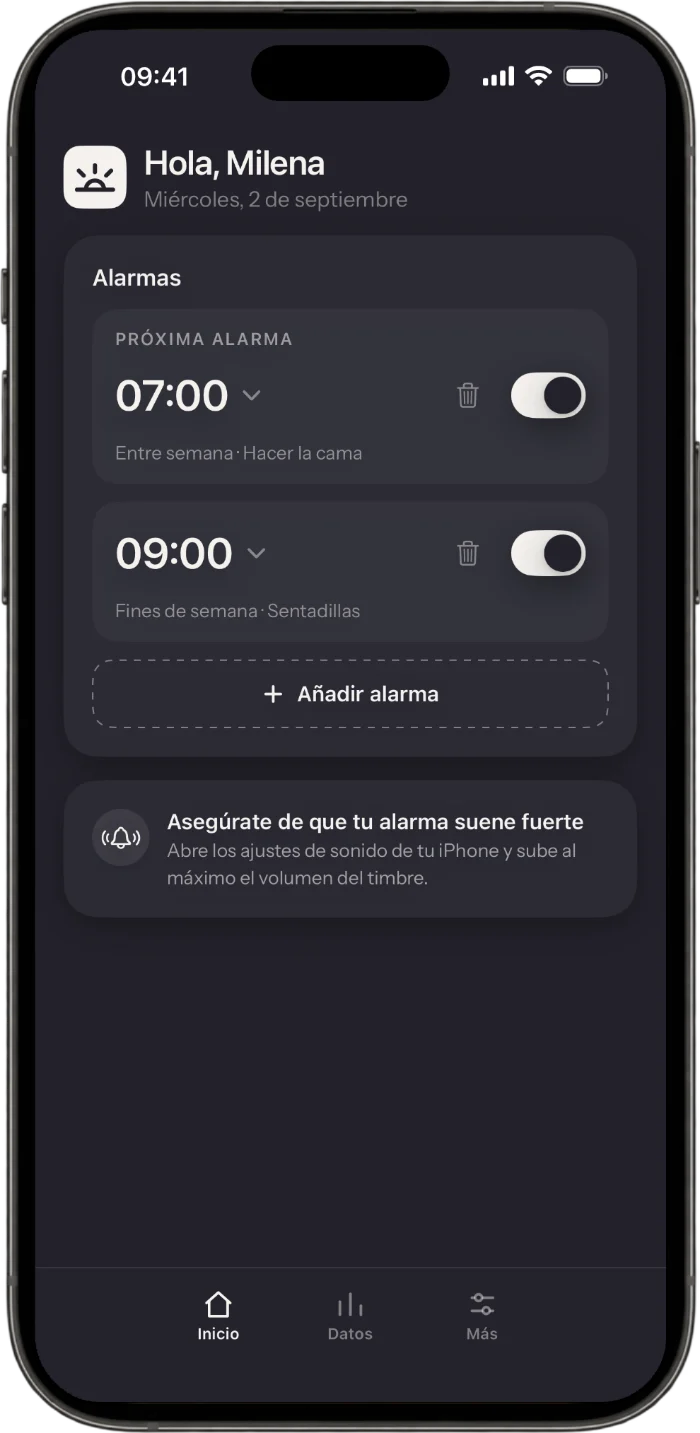 Pantalla de inicio de la app Wakea con alarmas y sus misiones