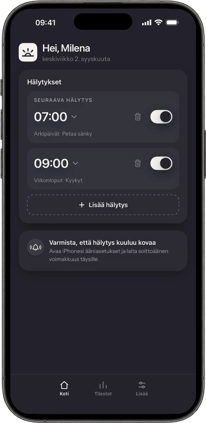 Wakea-sovelluksen aloitusnäyttö, jossa näkyvät herätykset ja niiden tehtävät
