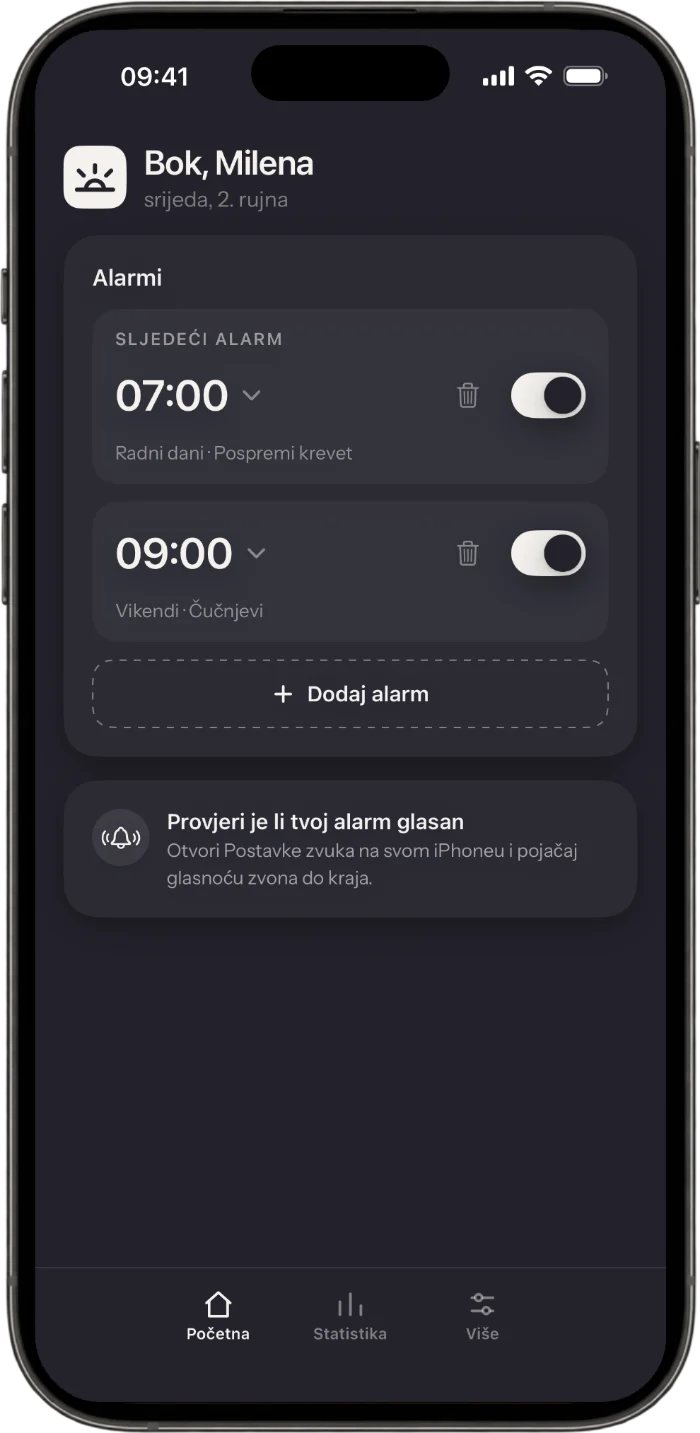 Početni zaslon aplikacije Wakea s alarmima i njihovim misijama