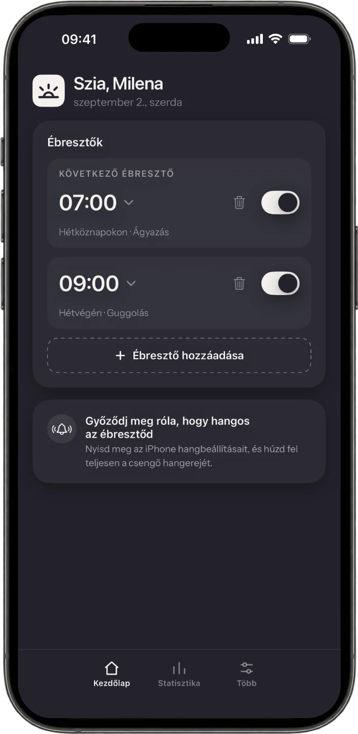 A Wakea app kezdőképernyője az ébresztőkkel és a hozzájuk tartozó feladatokkal