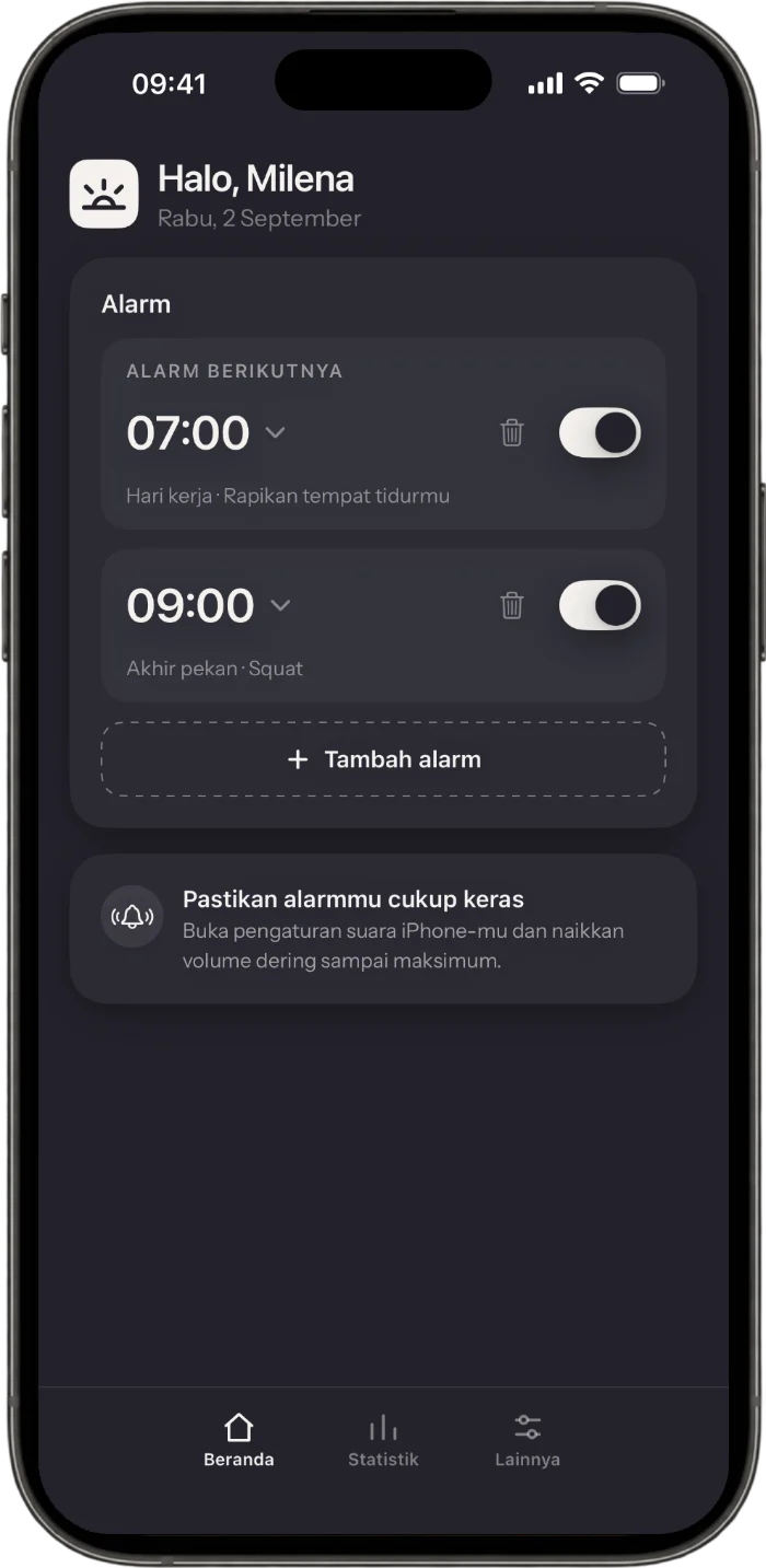 Layar beranda aplikasi Wakea dengan alarm dan misinya