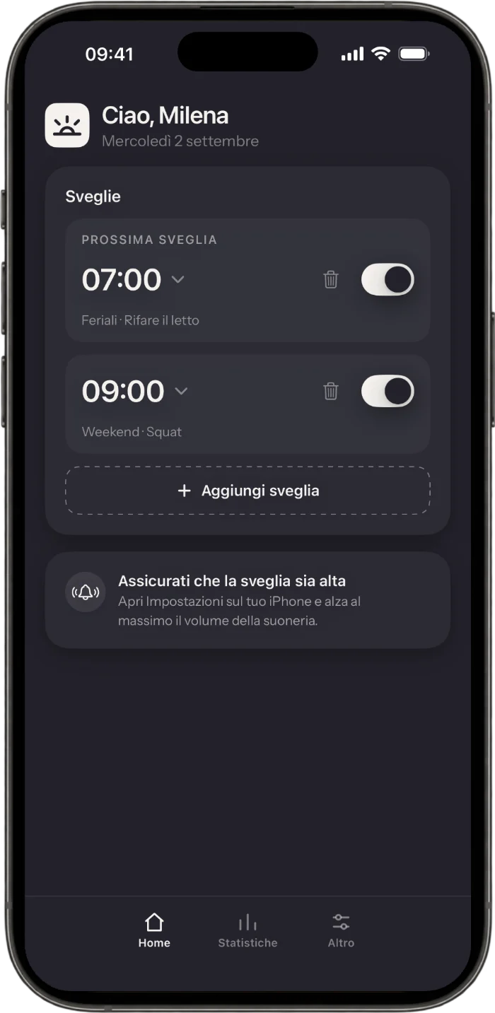 Schermata principale dell’app Wakea con le sveglie e le loro missioni