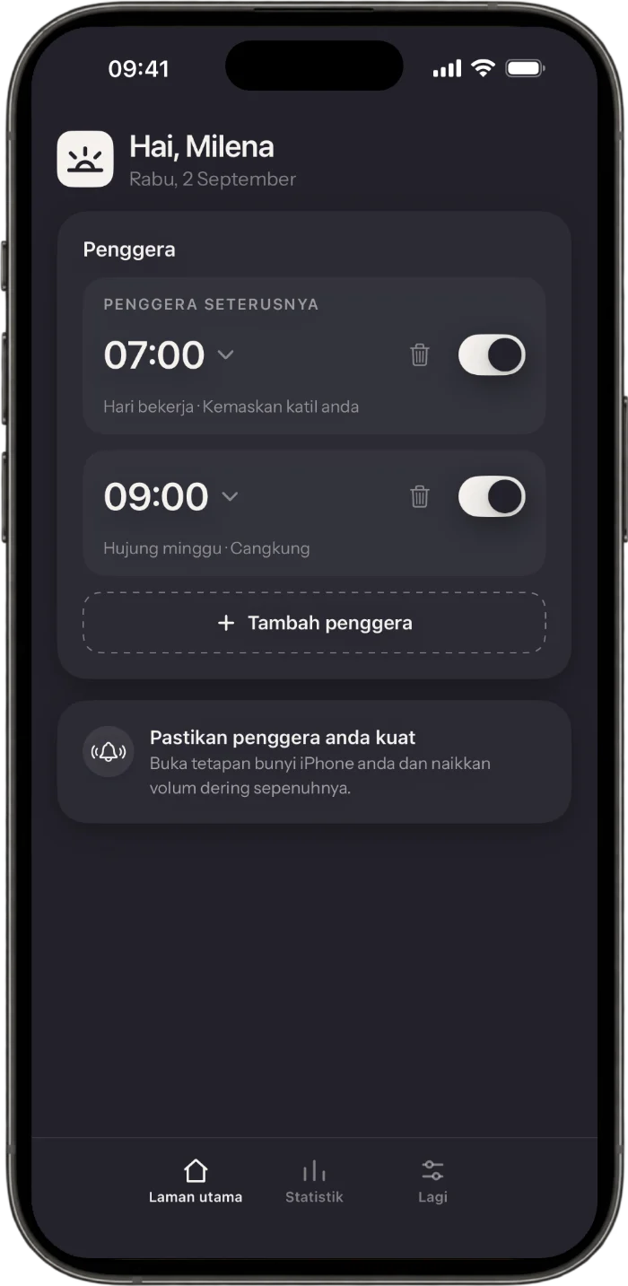 Skrin utama aplikasi Wakea dengan alarm dan misinya