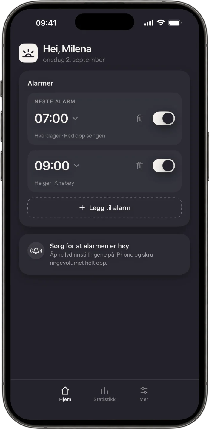 Startskjermen i Wakea-appen med alarmer og oppdragene deres