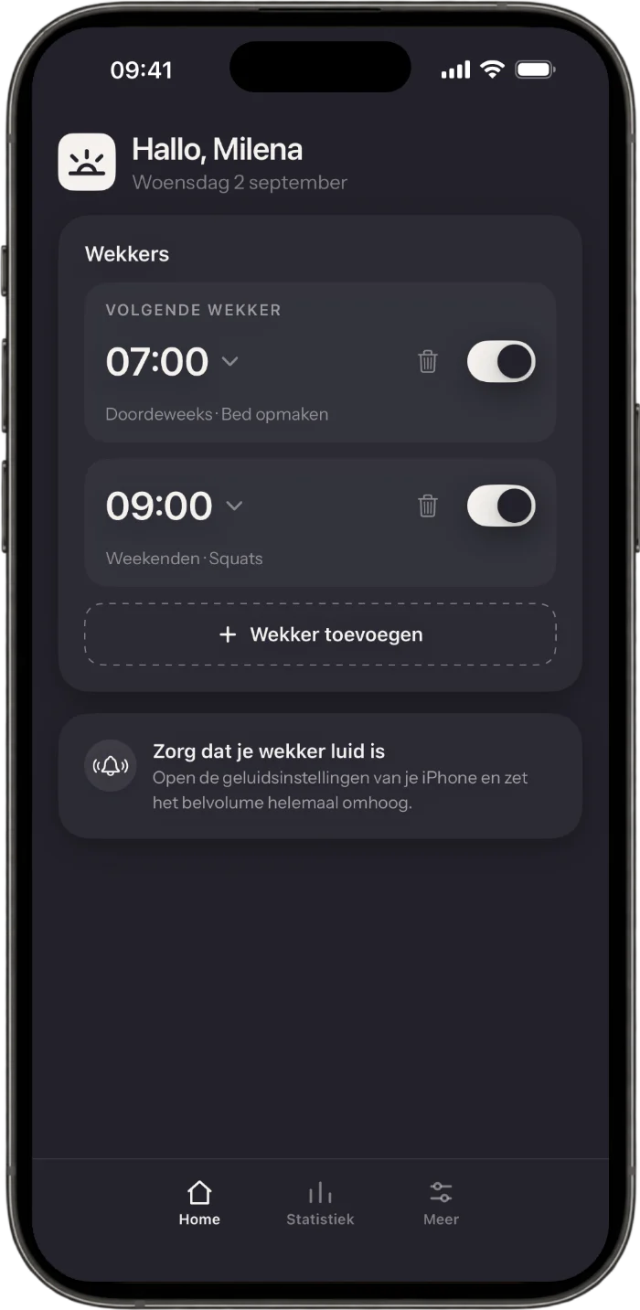 Startscherm van de Wakea-app met wekkers en hun missies