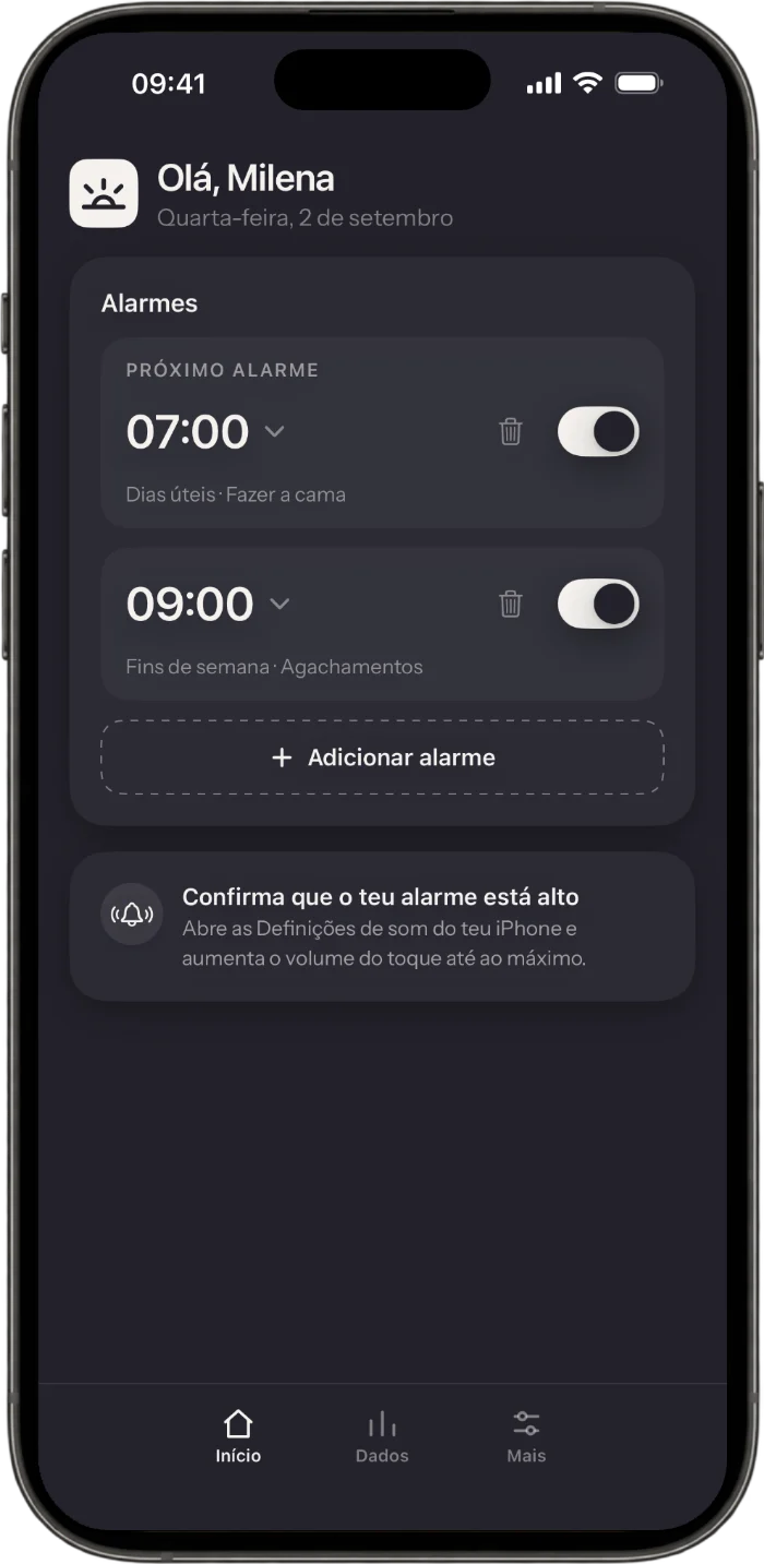 Ecrã inicial da app Wakea com alarmes e as respetivas missões