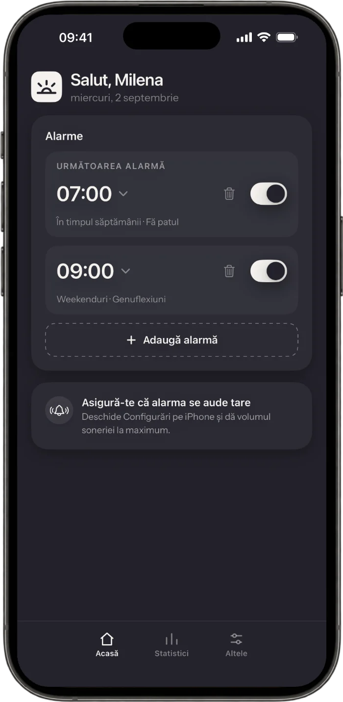 Ecranul principal al aplicației Wakea cu alarme și misiunile lor
