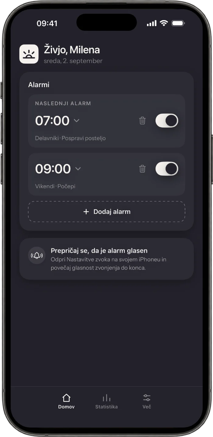Začetni zaslon aplikacije Wakea z budilkami in njihovimi nalogami