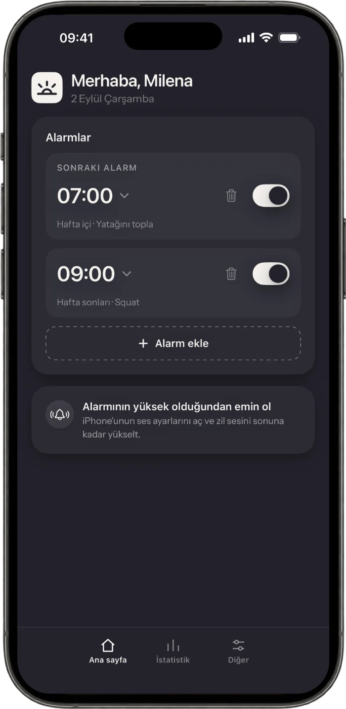 Wakea uygulamasının ana ekranı: alarmlar ve görevleri