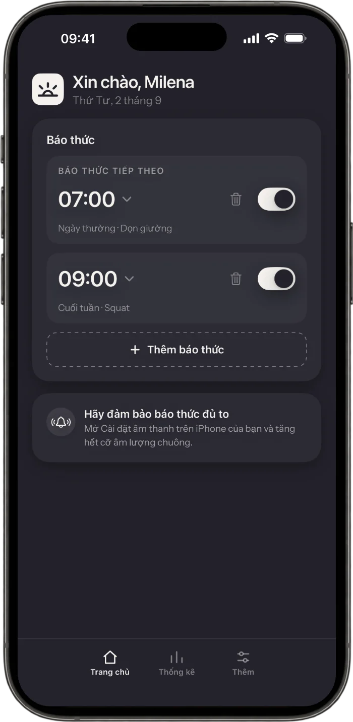Màn hình chính của ứng dụng Wakea với các báo thức và nhiệm vụ đi kèm