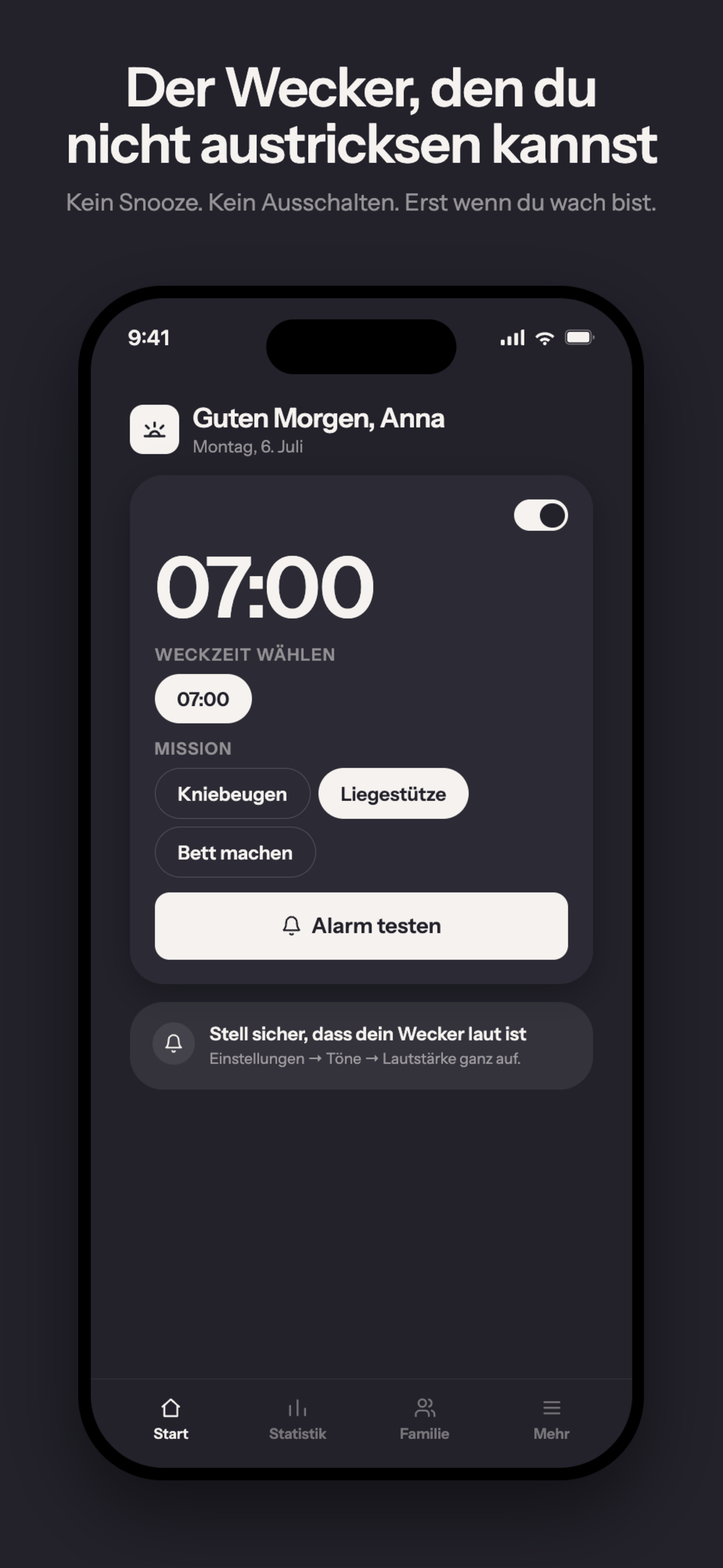 Wakea — App Store Screenshot: Der Wecker mit Mission